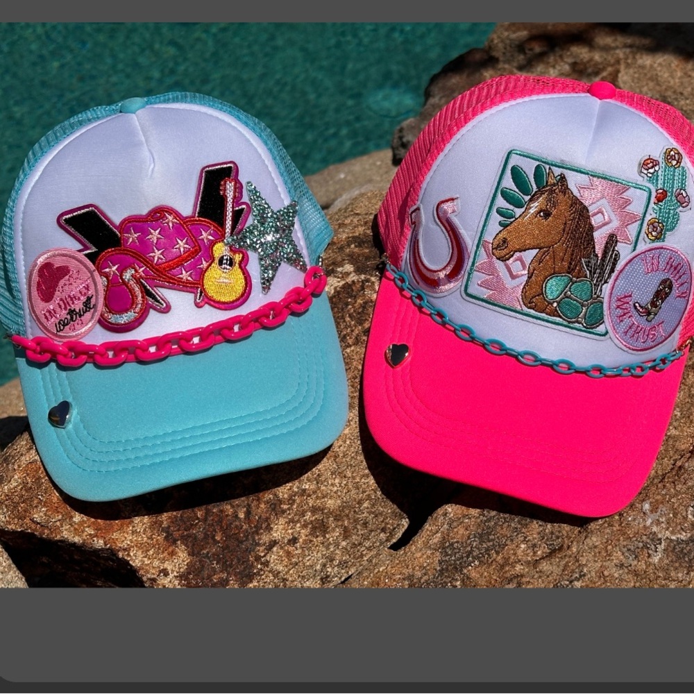 EMBELLISHED CUSTOM TRUCKER HAT DOLLY PARTON CHAINS HEARTS PATCHES PINK TURQUOISE